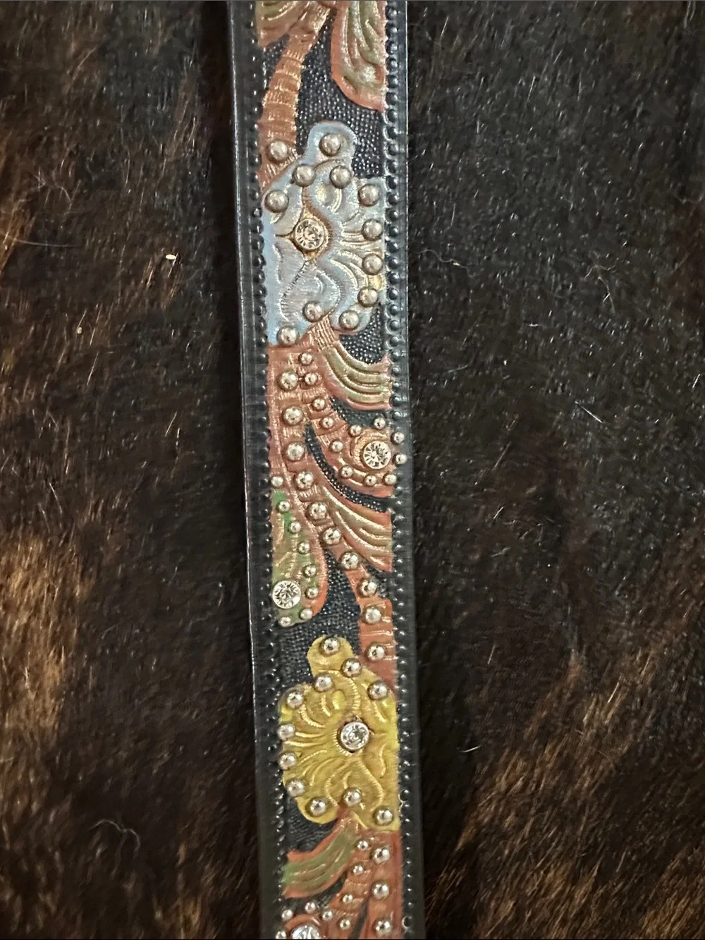 Vintage Nocona Leather Floral Belt With Studs & Rhinestones, Multicolor Flowers